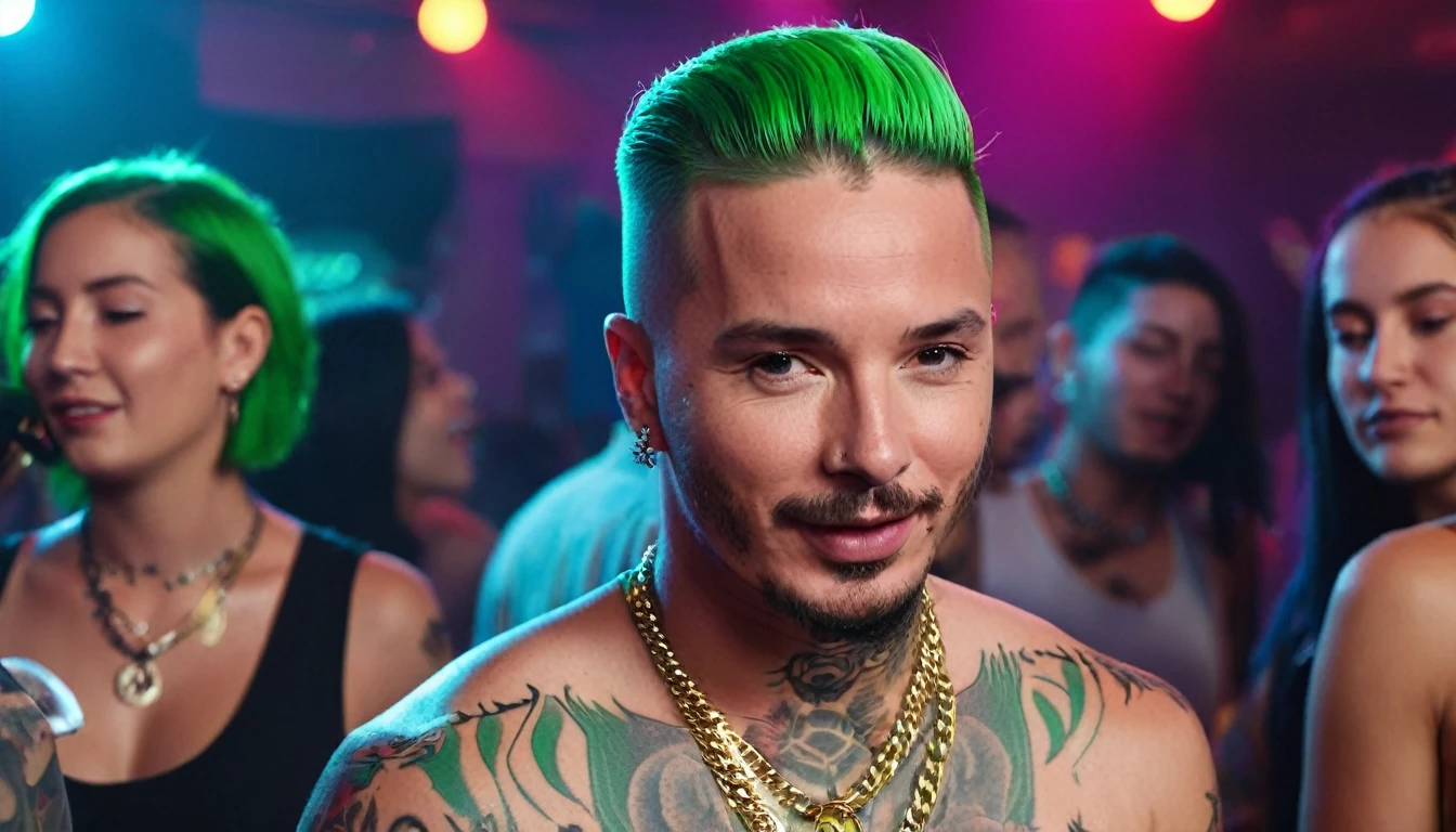 (1man), singer j balvin an eye contact, green hair, (buzz cut hair,) beard wearing a necklace, (detailed body tattoo: 1.4), (detailed music club: 1.4), ((cinematic light)), (detailed faces: 1.4), highres, RAW photo 8k uhd, dslr, (bloom:1.1), (club with people dancing and enjoying the parties,) upbeat music playing in the background, vibrant and energetic atmosphere, vivid colors, happy face), (smoother lighting:1.05), (increase cinematic lighting quality:0.9),