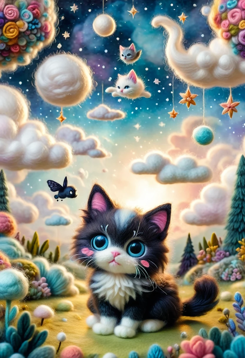 Needle felt art: 1.5, Wool felt art: 1.5, Kitten masterpiece, fairyland, floating kitten, fluffy clouds, furry cat, innocent and playful furry cat, dreamy space, intricate details, high detail, high quality, master piece,