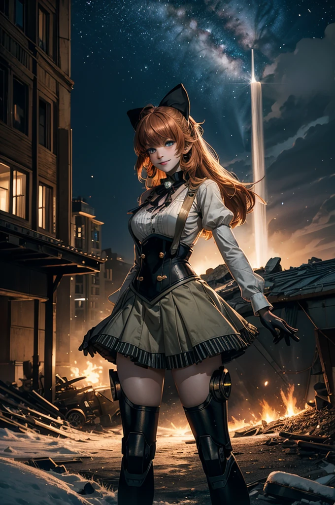 cowboy shot, dynamic pose, smile, underbust, Penny Polendina, long hair, neck ribbon, suspender skirt, corset, black bow, white blouse, mechanical legs, neon trim, standing in city ruins on hill, overlooking valley, BREAK night, stars, moon, snow, BREAK mountains in background, waterfall, vehicle wreck, crowd, (crowd in military uniform), bonfires, post-apocalypse, dystopian future, (volumetric lighting), intricate details, tonemapping, sharp focus, hyper detailed,