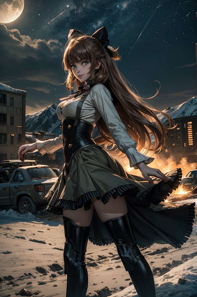 cowboy shot, dynamic pose, smile, underbust, Penny Polendina, long hair, neck ribbon, suspender skirt, corset, black bow, white blouse, mechanical legs, neon trim, standing in city ruins on hill, overlooking valley, BREAK night, stars, moon, snow, BREAK mountains in background, waterfall, vehicle wreck, crowd, (crowd in military uniform), bonfires, post-apocalypse, dystopian future, (volumetric lighting), intricate details, tonemapping, sharp focus, hyper detailed,