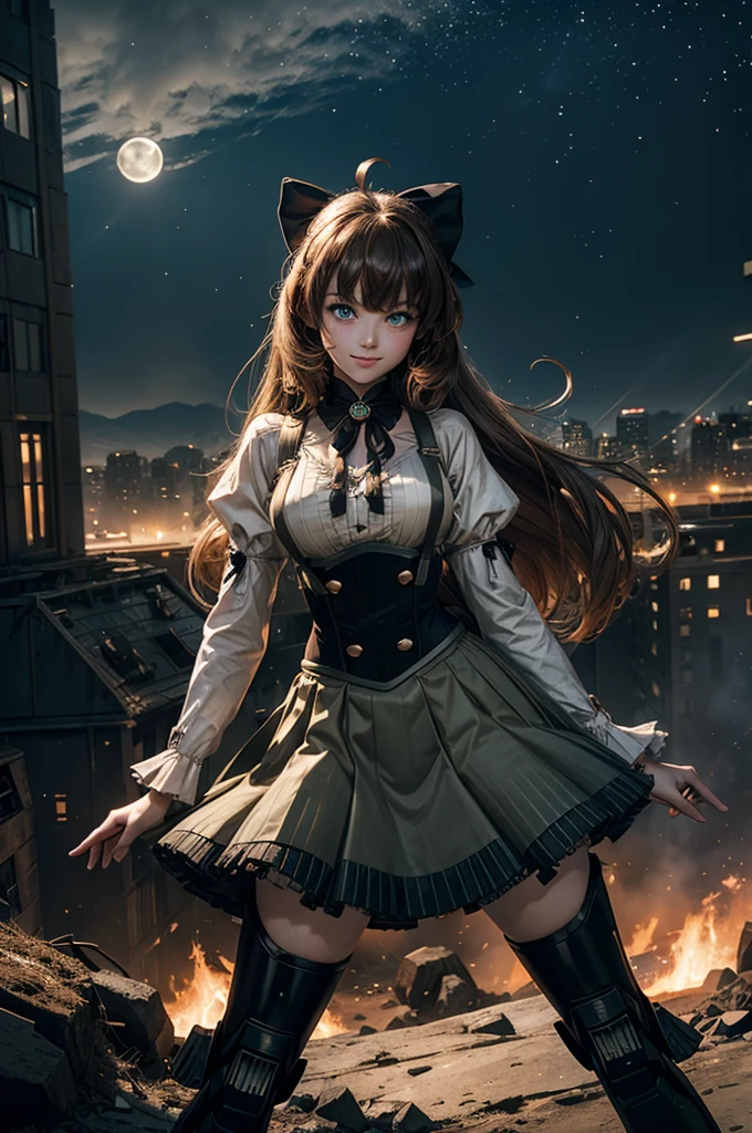 cowboy shot, dynamic pose, smile, underbust, Penny Polendina, long hair, neck ribbon, suspender skirt, corset, black bow, white blouse, mechanical legs, neon trim, standing in city ruins on hill, overlooking valley, BREAK night, stars, moon, snow, BREAK mountains in background, waterfall, vehicle wreck, crowd, (crowd in military uniform), bonfires, post-apocalypse, dystopian future, (volumetric lighting), intricate details, tonemapping, sharp focus, hyper detailed,