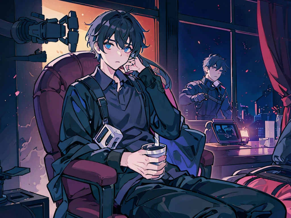 An anime character in nightwear, black sweatpants, sitting on the left in a comfortable chair, talking to a robot that holds a drink, in a dark room with a gamer setup in the background.