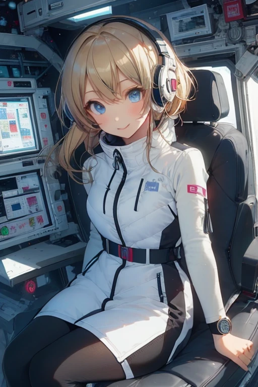 masterpiece, highest quality, high resolution, breasts, 20yo,1 girl,(solo):2,,blonde hair,(inside space station):2,flying:2,floatong:2,zero gravity,wind:1.5,anime lovelive style,
BREAK
headphone,(futurstic tight-fit bodysuit):2,(shiny silver long downvest):100,(northface silver metallic puffy downvest):2,(puffy):2,(black sleeves):5,(black tights):2,(black belt),futuristic boots and gloves,(smartwatch):100,astrovest
BREAK
1 girls, sitting in spacecraft cabin with 4-point seat belt, securely fastened, space station interior, looking out of large windows at Earth below, beautiful eyes, she have aluminum foil pouch,(aluminum foil pouch with plastic viewing window):2, contains nutritious liquid or puree together, smiling and chatting, bright and cheerful expressions, high quality cinematic lighting, detailed textures, sharp focus,blue hair,blue eyes,