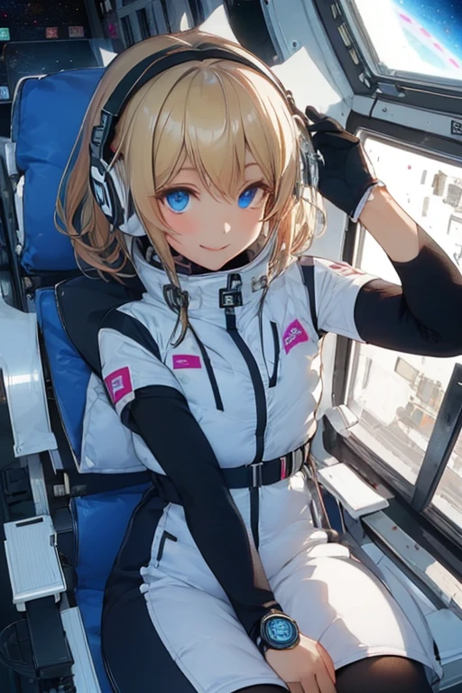 masterpiece, highest quality, high resolution, breasts, 20yo,1 girl,(solo):2,,blonde hair,(inside space station):2,flying:2,floatong:2,zero gravity,wind:1.5,anime lovelive style,

BREAK
headphone,(futurstic tight-fit bodysuit):2,(shiny silver long downvest):100,(northface silver metallic puffy downvest):2,(puffy):2,(black sleeves):5,(black tights):2,(black belt),futuristic boots and gloves,(smartwatch):100,astrovest
BREAK
1 girls, sitting in spacecraft cabin with 4-point seat belt, securely fastened, space station interior, looking out of large windows at Earth below, beautiful eyes, she have aluminum foil pouch,(aluminum foil pouch with plastic viewing window):2, contains nutritious liquid or puree together, smiling and chatting, bright and cheerful expressions, high quality cinematic lighting, detailed textures, sharp focus,blue hair,blue eyes,
