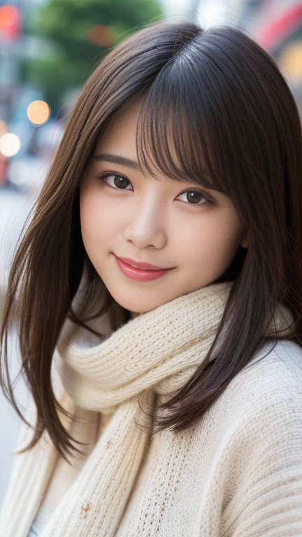 Highest quality、Confused、Very detailed、finely、High resolution、8k wallpaper、Perfect dynamic composition、Beautiful and beautiful eyes、Gorgeous fluffy white Tokyo winter wear、Medium Hair、Big Breasts、scarf、Natural color lip、Bold sexy pose、smile、Cafe、Japanese、15-year-old girl、cute、sexy shot looking at camera、Always blur the background、Perfect and beautiful face,Take a picture of only the face、Beautiful and elaborate face、Slim face and figure