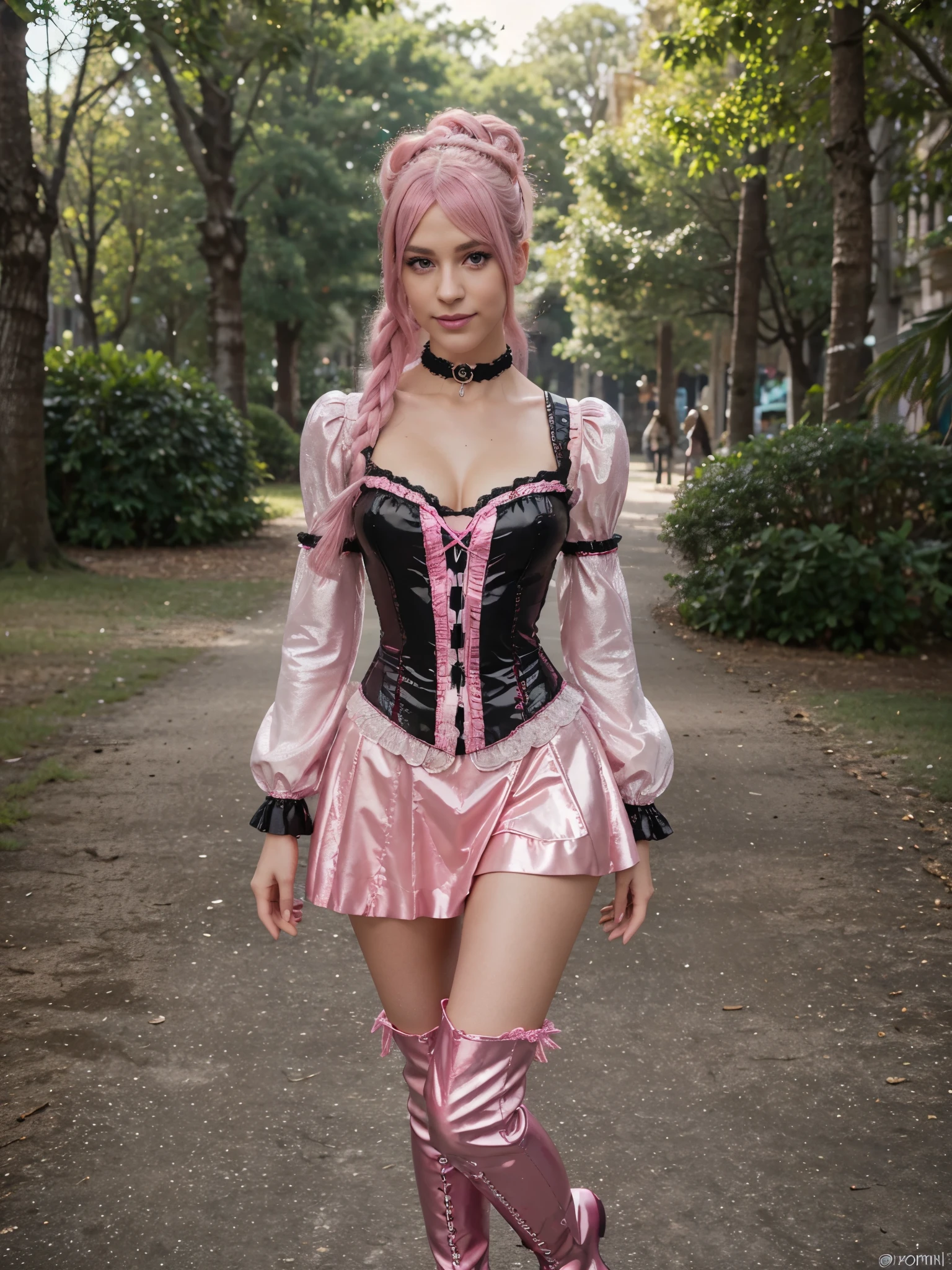 8k, raw photo, realistic, sexy stylish skinny Swedish model, (slim face) , only 1 female, ((doll-like appearance)), long neon pink stylish hair, ((shiny Victorian-Style boots)), (beautiful smile), ultra detailed eyes, vivid eye makeup, lipgloss, long lashes, defined eyebrows, ((sexy Paradise Kiss cosplay)), bell-shaped skirt, petticoats, high neckline, puffed sleeves, ((ultra detailed lace)), ((ultra detailed embroidery)), intricate details, Paradise Kiss accessoires and matching headpiece, choker, ((large sparkling Paradise Kiss jewelry)), cinematic light, detailed large park background with trees