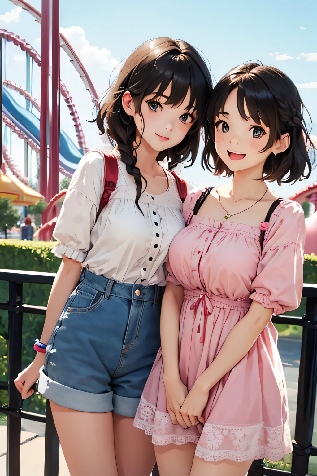 Highest quality、High resolution、Detailed Background、(Beautiful face in every detail:1.4)、Anatomically correct、(Detailed facial expressions)、age beauty、(Huge breasts:1.2)、Perfect body line、cute色の髪の色、Brown Hair、Black Hair、Braided bob cut、Braided Ponytail、Wavy Hairstyle、well-groomed eyebrows、A fun atmosphere、smile、Amusement park date、

(Two beautiful girls having fun with friends at an amusement park:1.5)、

Cool dresses and shirt dresses、Shorts or denim shorts、Sandals or sneakers are recommended、
夏らしい華やかなピアスやネックレスをプラスするのがcuteです、cute