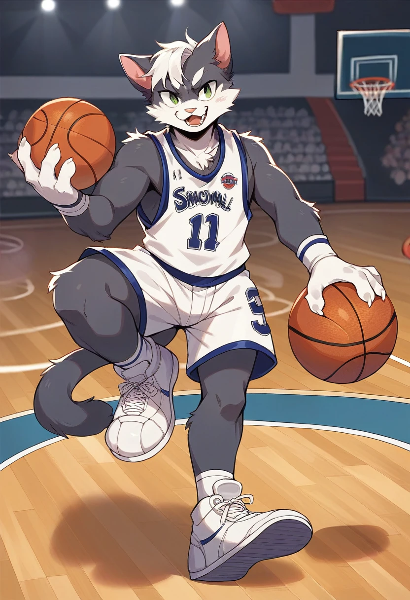"Create an image of an anthropomorphic cat playing basketball. The cat should be standing on two legs, wearing a full basketball uniform including a jersey and shorts, with the number 23 on the jersey. The cat's fur is orange with white patches, and it has a focused expression as it dribbles the basketball. The scene should be set on an indoor basketball court, with the cat in the middle of making a shot. The style should be semi-realistic with vibrant colors, capturing the motion and energy of the game."