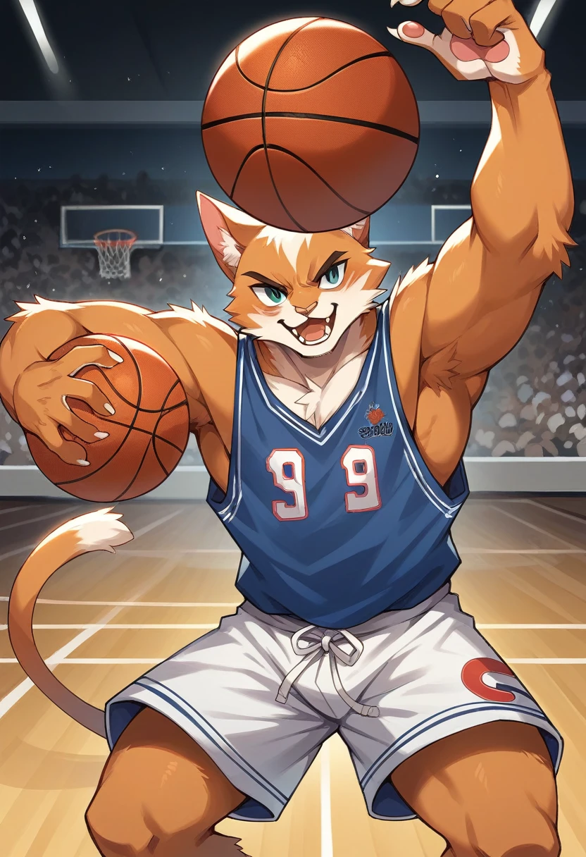 "Create an image of an anthropomorphic cat playing basketball. The cat should be standing on two legs, wearing a full basketball uniform including a jersey and shorts, with the number 23 on the jersey. The cat's fur is orange with white patches, and it has a focused expression as it dribbles the basketball. The scene should be set on an indoor basketball court, with the cat in the middle of making a shot. The style should be semi-realistic with vibrant colors, capturing the motion and energy of the game."