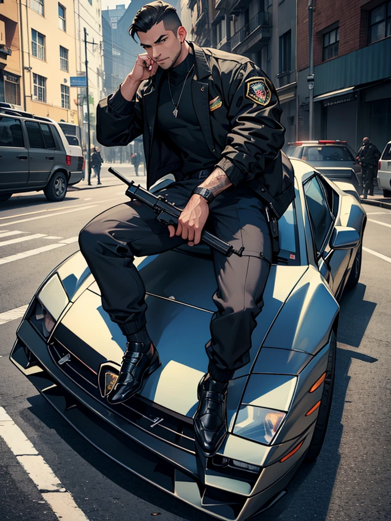 Man in criminal clothing with an AK47 weapon in his right hand is sitting in a black Lamborghini