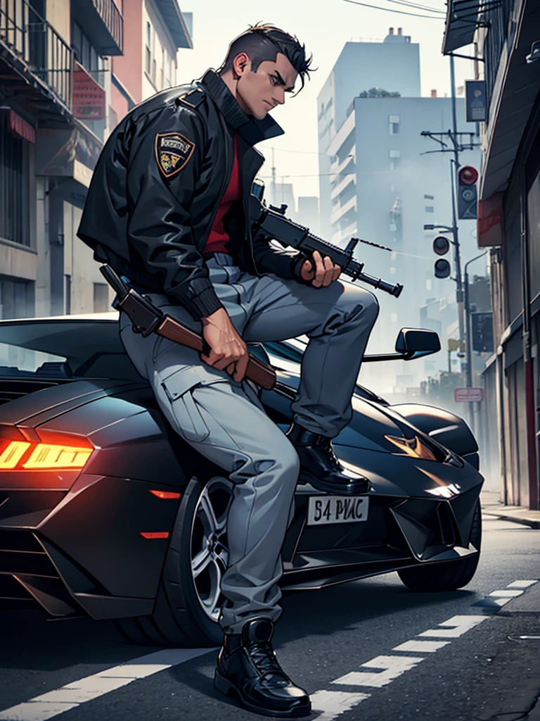 A guy wearing black jacket and sunglasses, aiming with a gun to the right, mad max style, shoot from behind of the guy, holding a gun with both hands