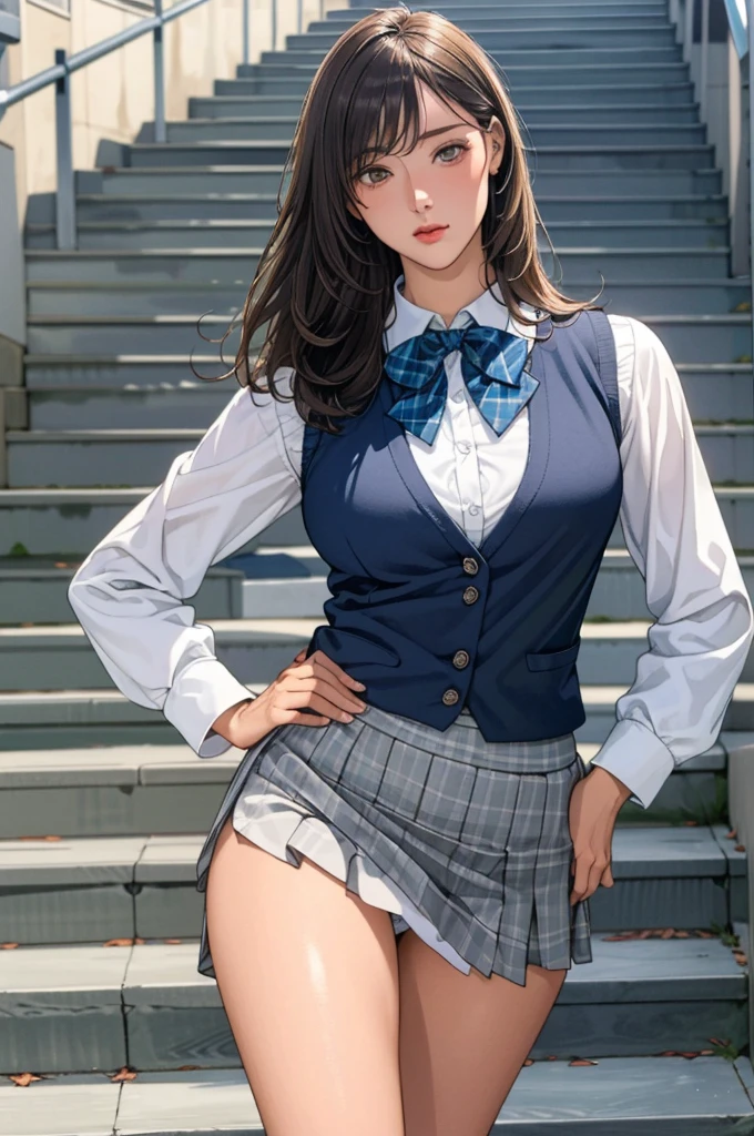 (masterpiece:1.3, Highest quality, Ultra-high resolution, Super detailed), (Realistic, photoRealistic:1.4), Beautiful illustrations, Perfect lighting, Natural light, colorful, Depth of written boundary, Surrealism,
Beautiful detailed hair, Beautifully detailed face, Beautiful attention to detail, Beautiful clavicle, Beautiful body, Beautiful breasts, Beautiful thighs, Beautiful feet, Beautiful fingers, Shiny skin, ,
((Recall, From behind, From below)), 1 Girl, high school girl, (Perfect Anatomy, Anatomically correct, Highly detailed skin), Cute and symmetrical face, Perfect Face, Perfect Eyes,
(Long Hair, Straight hair, Side Lock, Dark brown hair), bangs, Yellow-green eyes, Droopy eyes, Big eyes, Long eyelashes, (Large Breasts:1.2, Captivating thighs), thin, Excellent style,
((Detailed cloth texture, break,break, White collared shirt, break,break, Light brown knit vest, break,break, Navy check pleated skirt, break,break, Blue bow tie), break,break, White socks, Black Loafers),
(Beautiful views), evening, (Station stairs, Climbing the stairs,), Skirts that turn over in strong winds, Stylish white panties hidden under a skirt, Hands on hips, (Falter, Embarrassing),