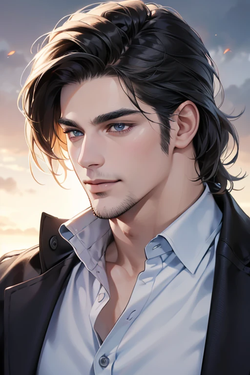 (best quality,4k,8k,highres,masterpiece:1.2),ultra-detailed,(realistic,photorealistic,photo-realistic:1.37),30 year old man,3 day beard,handsome anime,portraits,strong,masculine,dark hair,sharp jawline,mesmerizing eyes,perfectly styled hair,cool anime outfit,confident expression,vibrant colors,dynamic lighting, CEO and expression smile in love.