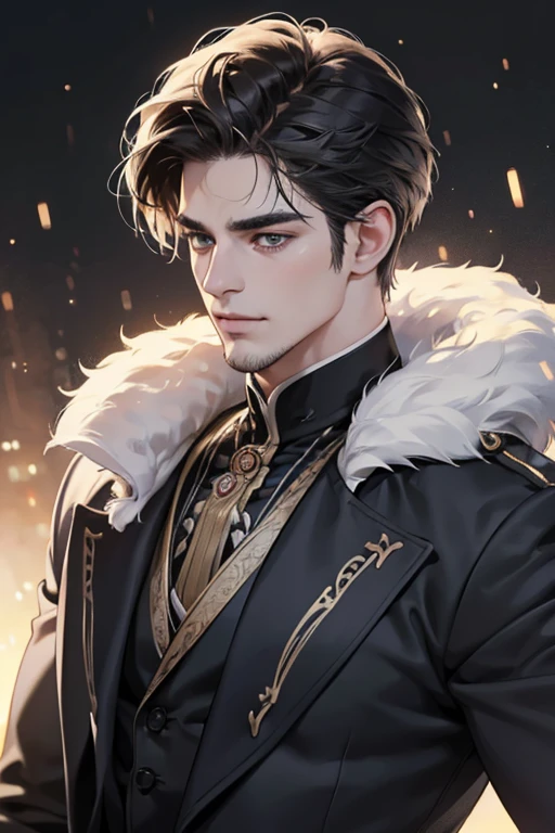 (best quality,4k,8k,highres,masterpiece:1.2),ultra-detailed,(realistic,photorealistic,photo-realistic:1.37),30 year old man,3 day beard,handsome anime,portraits,strong,masculine,dark hair,sharp jawline,mesmerizing eyes,perfectly styled hair,cool anime outfit,confident expression,vibrant colors,dynamic lighting, CEO and expression smile in love.