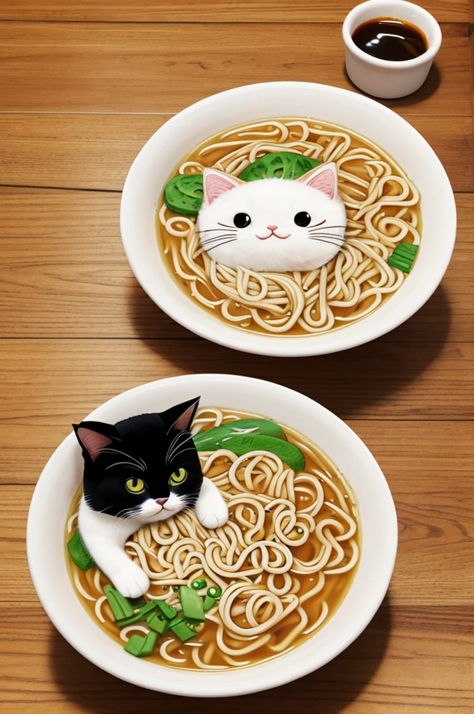 Adorable cat drawing, kawaii style savoring a delicious bowl of ramen