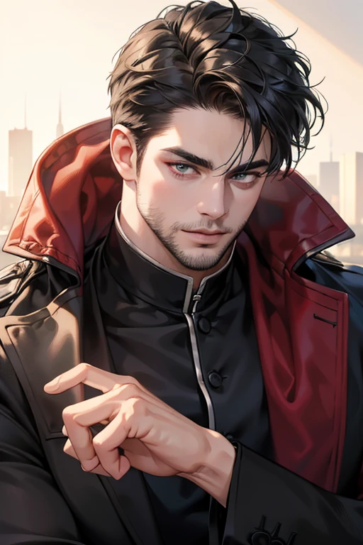 (best quality,4k,8k,highres,masterpiece:1.2),ultra-detailed,(realistic,photorealistic,photo-realistic:1.37),30 year old man,3 day beard,handsome anime,portraits,strong,masculine,dark hair,sharp jawline,mesmerizing eyes,perfectly styled hair,cool anime outfit,confident expression,vibrant colors,dynamic lighting, CEO and expression smile in love.
