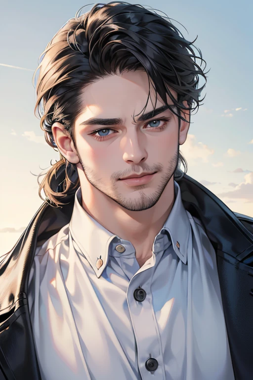 (best quality,4k,8k,highres,masterpiece:1.2),ultra-detailed,(realistic,photorealistic,photo-realistic:1.37),30 year old man,3 day beard,handsome anime,portraits,strong,masculine,dark hair,sharp jawline,mesmerizing eyes,perfectly styled hair,cool anime outfit,confident expression,vibrant colors,dynamic lighting, CEO and expression smile in love.
