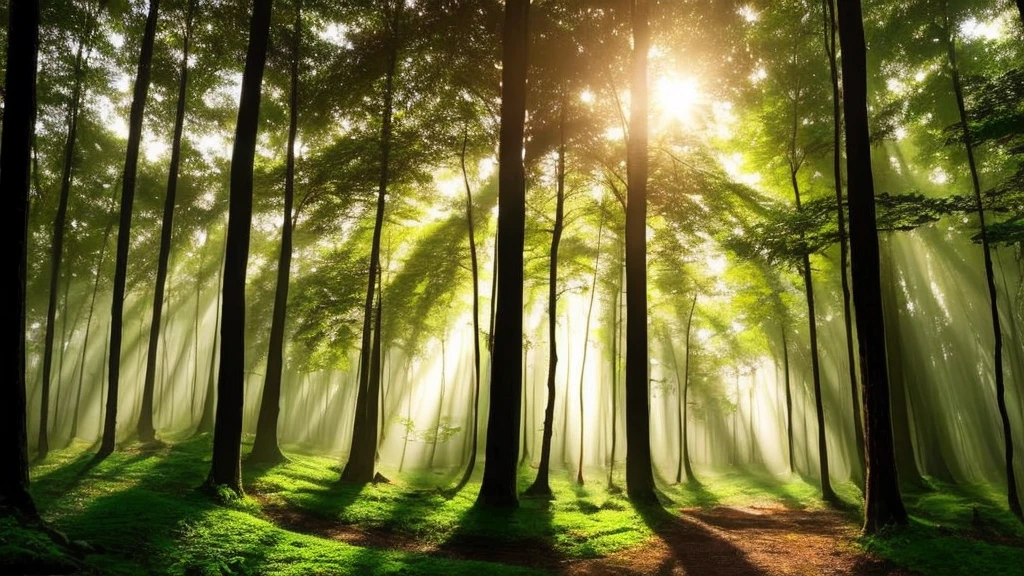 A mist-covered ancient forest at dawn, with sunlight filtering through the dense foliage. Amidst the trees stands a solitary figure, dressed in robes adorned with celestial symbols. Their gaze is fixed upwards, where a luminous portal hovers, radiating soft beams of light. Animals native to the forest gather around, peacefully observing this mystical scene, conveying a sense of harmony between nature and the spiritual realm."