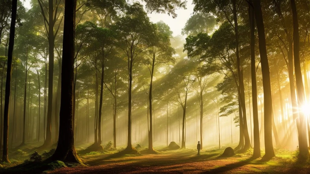 A mist-covered ancient forest at dawn, with sunlight filtering through the dense foliage. Amidst the trees stands a solitary figure, dressed in robes adorned with celestial symbols. Their gaze is fixed upwards, where a luminous portal hovers, radiating soft beams of light. Animals native to the forest gather around, peacefully observing this mystical scene, conveying a sense of harmony between nature and the spiritual realm."