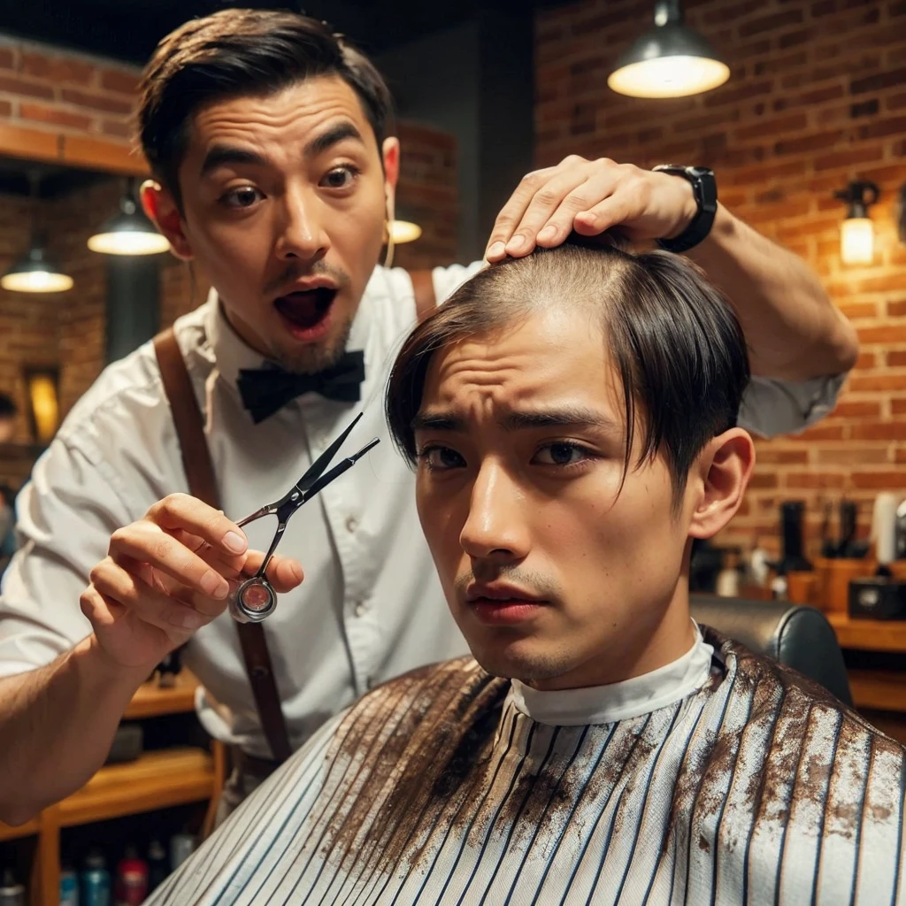 hyper realistic ,ultra detailed ,Very detailed scenes in 4K resolution asian men ,The 25 year old sat in the barber's chair with a disappointed expression.shaved the middle of his hair. A person who looked like Mr Bean next to him was holding scissors and had an exaggerated expression of surprise. The background shows a barbershop interior with brick walls and warm lighting, create a comfortable atmosphere. Exceptional clarity and detail.