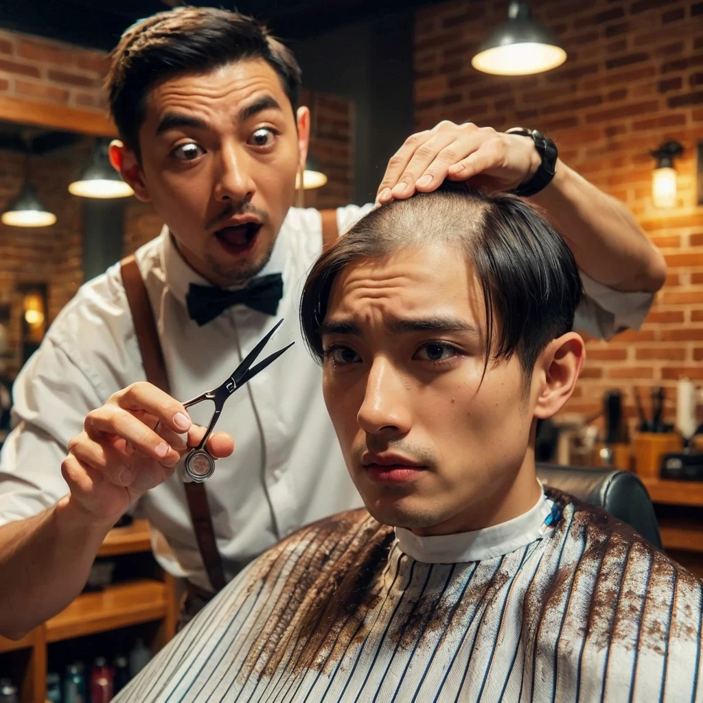 hyper realistic ,ultra detailed ,Very detailed scenes in 4K resolution asian men ,The 25 year old sat in the barber's chair with a disappointed expression.shaved the middle of his hair. A person who looked like Mr Bean next to him was holding scissors and had an exaggerated expression of surprise. The background shows a barbershop interior with brick walls and warm lighting, create a comfortable atmosphere. Exceptional clarity and detail.
