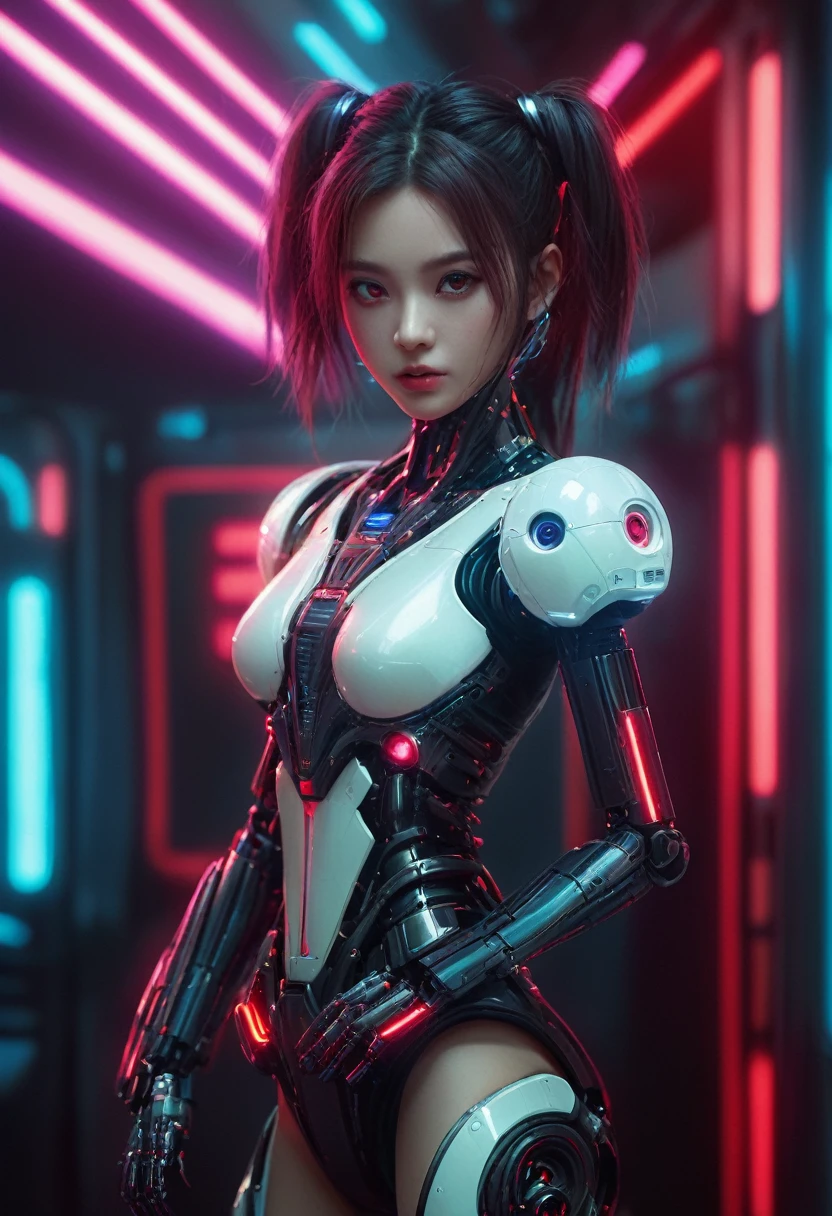 xxmixgirl. Highly detailed professional 35mm film, bokeh, face in sharp focus. A robotic female, Miku, with ((metal skin)), ((perfect Asian eyes)) with magenta irises and ((black pupils)), beautiful serious (detailed face), 18 year old ((photorealistic face)), very long magenta twin tails of magenta hair, twin black hair ties with a single red stripe. She may have a black audio headpiece. We can see her ((full body)) down to her boot soles. Her outfit is a sleeveless collared light grey shirt, outlined in red around the frilled collar and hems. Shiny reflective ((metallic breast cups, dimpleless)), invisible nipples. She wears black sleeves with red hems that start around her upper arm and bellow out as the sleeves open and extend to her wrists, with wide trumpet red rimmed cuffs. She has perfect robotic (detailed hands). She wears a red colored tie with two horizontal solid parallel black lines halfway across. She wears a fabric black skirt with a horizontal red hem at the bottom all the way around; her (((black skirt wraps around her))) and ((her skirt completely covers)) her robotic waist and thighs. Tall black boots with red bottom soles, a red rim around the top at her thighs. Her mechanical shoulder joints are visible. We can see her robotic legs and robotic neck. Half of her is covered with shiny polished machinery. The background is a distant dark neon futuristic Japanese city, gold, cyan, violet neon, near harbor or mountains.