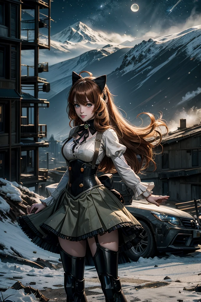 cowboy shot, dynamic pose, smile, underbust, Penny Polendina, long hair, neck ribbon, suspender skirt, corset, black bow, white blouse, mechanical legs, neon trim, standing in city ruins on hill, overlooking valley, BREAK night, stars, moon, snow, BREAK mountains in background, waterfall, vehicle wreck, crowd, (crowd in military uniform), bonfires, post-apocalypse, dystopian future, (volumetric lighting), intricate details, tonemapping, sharp focus, hyper detailed,