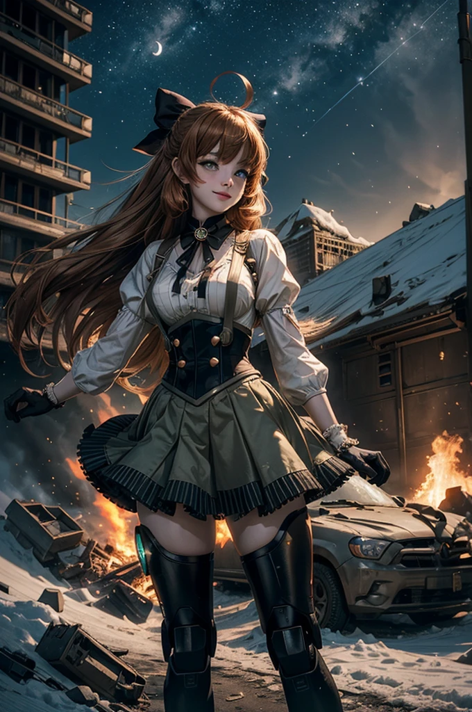 cowboy shot, dynamic pose, smile,  underbust, Penny Polendina, long hair, neck ribbon, suspender skirt, corset, black bow, white blouse, mechanical legs, neon trim, standing in city ruins on hill, overlooking valley, BREAK night, stars, moon, snow, BREAK mountains in background, waterfall, vehicle wreck, crowd, (crowd in military uniform), bonfires, post-apocalypse, dystopian future, (volumetric lighting), intricate details, tonemapping, sharp focus, hyper detailed, 

