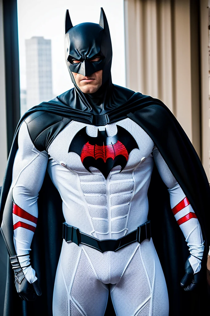 Batman wearing his traditional bat suit but with Spiderman's chest symbol and web pattern in white