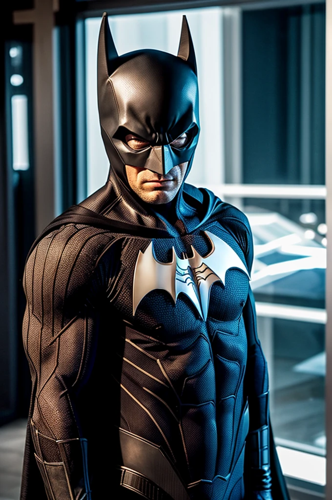 Batman wearing his traditional bat suit but with Spiderman's chest symbol and web pattern in white