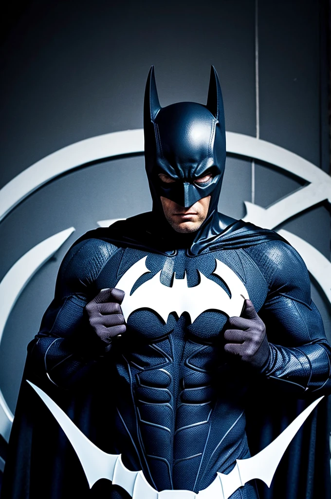 Batman wearing his traditional bat suit but with Spiderman's chest symbol and web pattern in white 