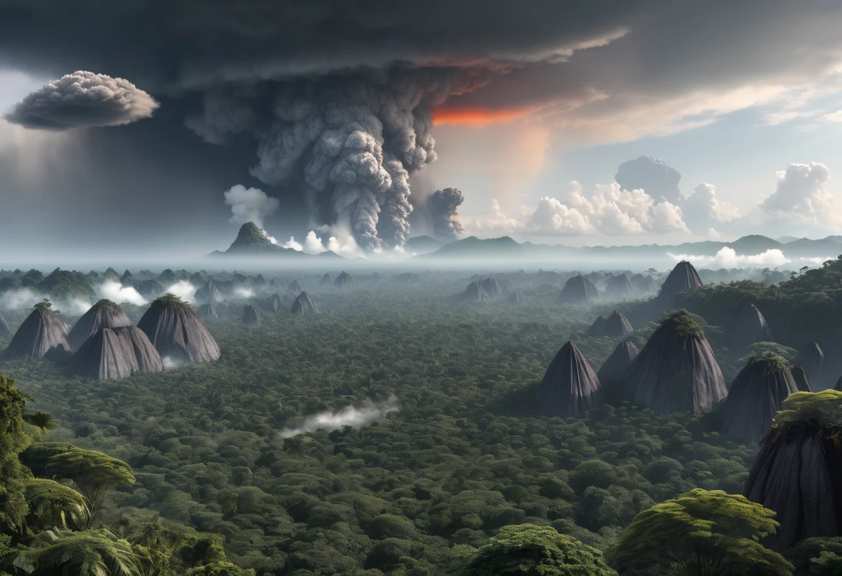 A wide range panoramic shot of looking over the canopies of jungle trees to an ashen cloud very far in the distance, pyroclastic cloud in the far distance, very few spits of magma boulders, 8k resolution, highly detailed matte painting, realistic, HDR, DSLR, 