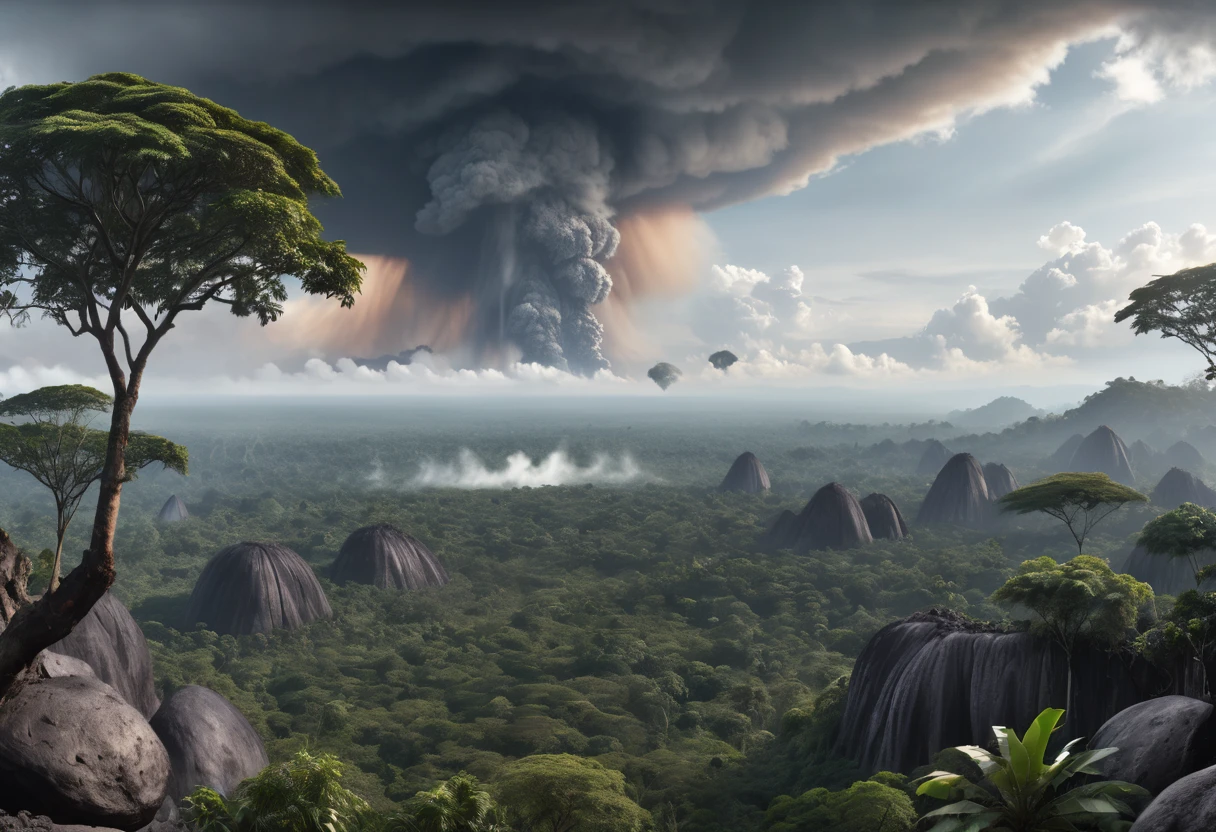 A wide range panoramic shot of looking over the canopies of jungle trees to an ashen cloud very far in the distance, pyroclastic cloud in the far distance, very few spits of magma boulders, 8k resolution, highly detailed matte painting, realistic, HDR, DSLR,