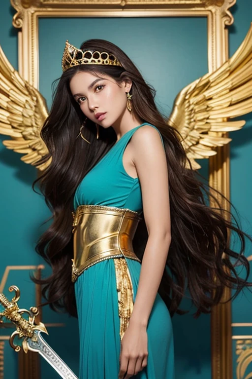 Youngh, brown skin, dark brown hair, wavy hair at the ends, latina americana, Brazilian, green eyes, face perfect, perfectbody, medium breasts, perfect ass, dressed in a turquoise blue tunic, angel armor, archangel wings, sword in right hand held up, gold armour, gold tiara on head