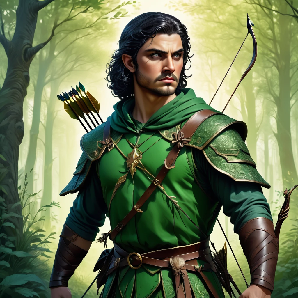 a thief in a green tunic, intricate detailed costume, medieval era, fantasy forest, high quality, cinematic lighting, vibrant colors, dramatic lighting, realistic, detailed portrait, muscular male figure, determined expression, (with a bow and arrow in its hand:2.0), ornate golden details, lush greenery, deep shadows, detailed textures, photorealistic, masterpiece, Magical