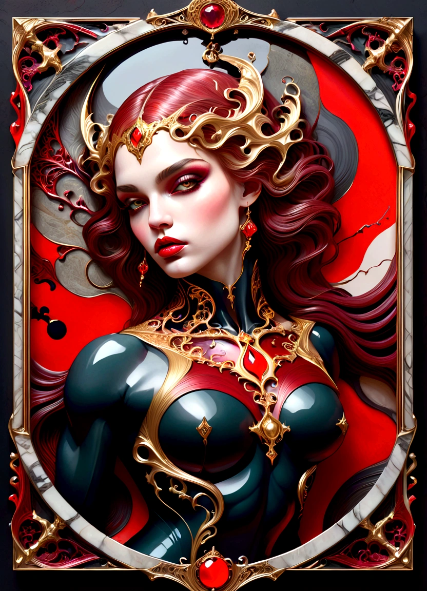  beautiful illustration of a very muscular vampire girl in an abstract marble texture with a tarot style frame, with colors of obsidian black, shiny gold, and ruby red, highly detailed, intricate design, BY Anne Bachelier,