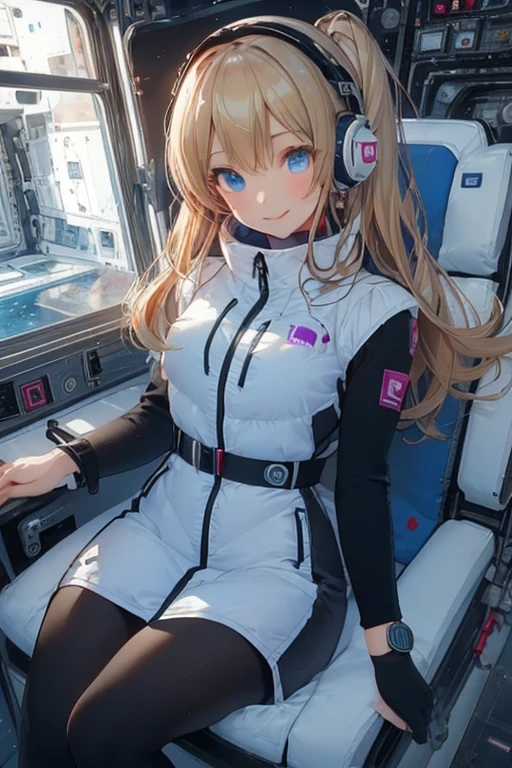 masterpiece, highest quality, high resolution, breasts, 20yo,1 girl,(solo):2,,blonde hair,(inside space station):2,flying:2,floatong:2,zero gravity,wind:1.5,anime lovelive style,

BREAK
headphone,(futurstic tight-fit bodysuit):2,(shiny silver long downvest):100,(northface silver metallic puffy downvest):2,(puffy):2,(black sleeves):5,(black tights):2,(black belt),futuristic boots and gloves,(smartwatch):100,astrovest
BREAK
1 girls, sitting in spacecraft cabin with 4-point seat belt, securely fastened, space station interior, looking out of large windows at Earth below, beautiful eyes, she have aluminum foil pouch,(aluminum foil pouch with plastic viewing window):2, contains nutritious liquid or puree together, smiling and chatting, bright and cheerful expressions, high quality cinematic lighting, detailed textures, sharp focus,blue hair,blue eyes,
