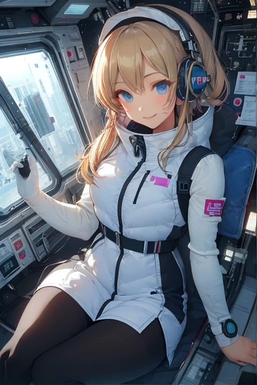 masterpiece, highest quality, high resolution, breasts, 20yo,1 girl,(solo):2,,blonde hair,(inside space station):2,flying:2,floatong:2,zero gravity,wind:1.5,anime lovelive style,
BREAK
headphone,(futurstic tight-fit bodysuit):2,(shiny silver long downvest):100,(northface silver metallic puffy downvest):2,(puffy):2,(black sleeves):5,(black tights):2,(black belt),futuristic boots and gloves,(smartwatch):100,astrovest
BREAK
1 girls, sitting in spacecraft cabin with 4-point seat belt, securely fastened, space station interior, looking out of large windows at Earth below, beautiful eyes, she have aluminum foil pouch,(aluminum foil pouch with plastic viewing window):2, contains nutritious liquid or puree together, smiling and chatting, bright and cheerful expressions, high quality cinematic lighting, detailed textures, sharp focus,blue hair,blue eyes,