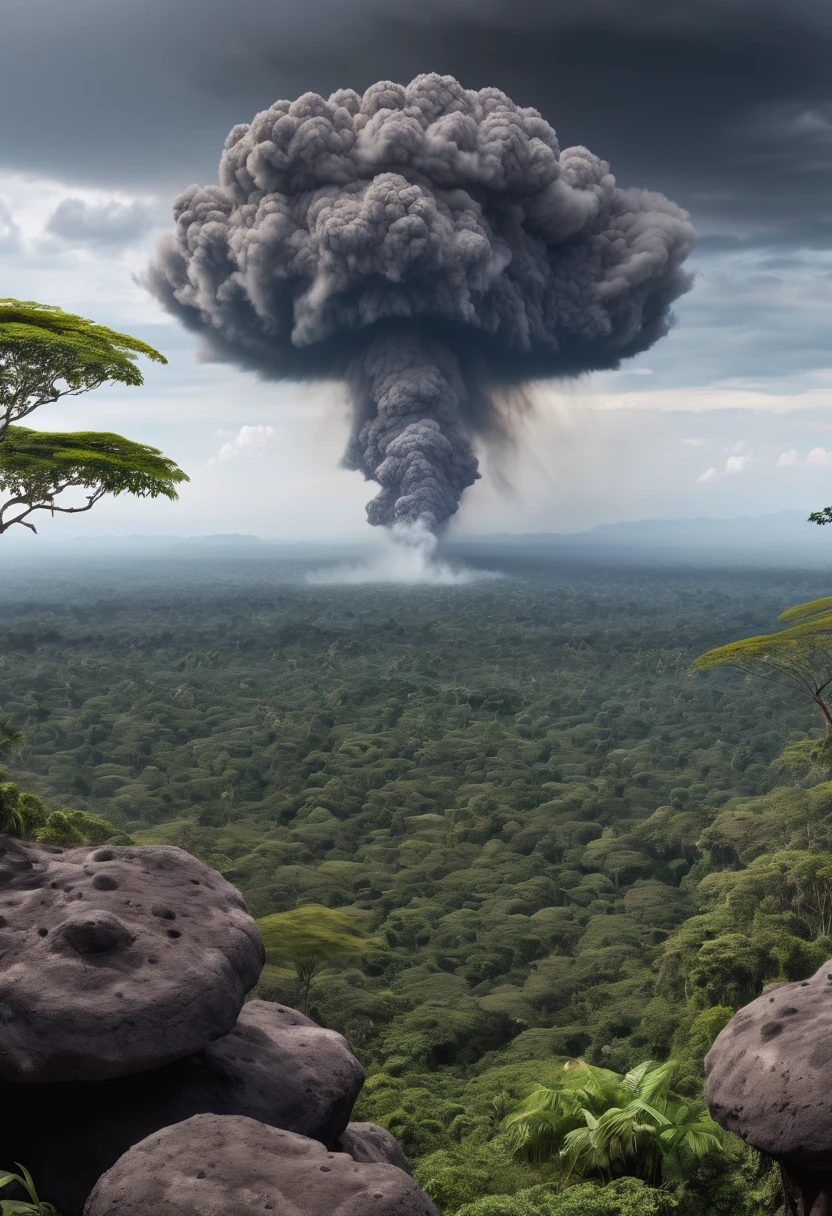 A wide range panoramic shot of looking over the canopies of jungle trees to an ashen cloud very far in the distance, pyroclastic cloud in the far distance, very few spits of magma boulders, 8k resolution, highly detailed matte painting, realistic, HDR, DSLR,