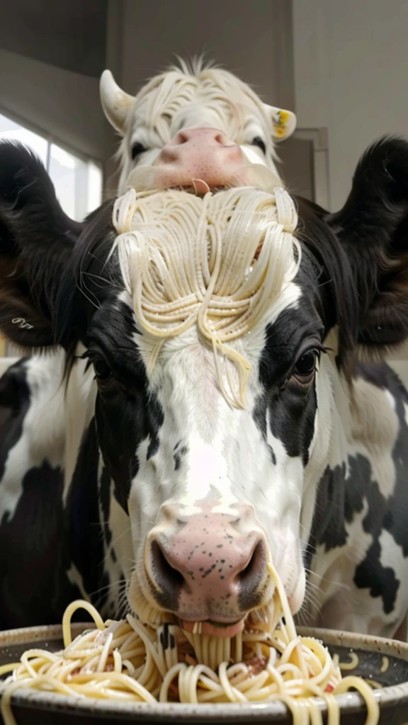 araffe eating spaghetti from a bowl in front of a black and white cow, cow, slurping spaghetti, eating pov camera, eating spaghetti from a bowl, eating spaghetti, food commercial 4 k, spaghetti, spaghetti in the nostrils, eating pasta, video, bovine, cows, eating cheese, eating meat, briefcase, eats pasta all the time