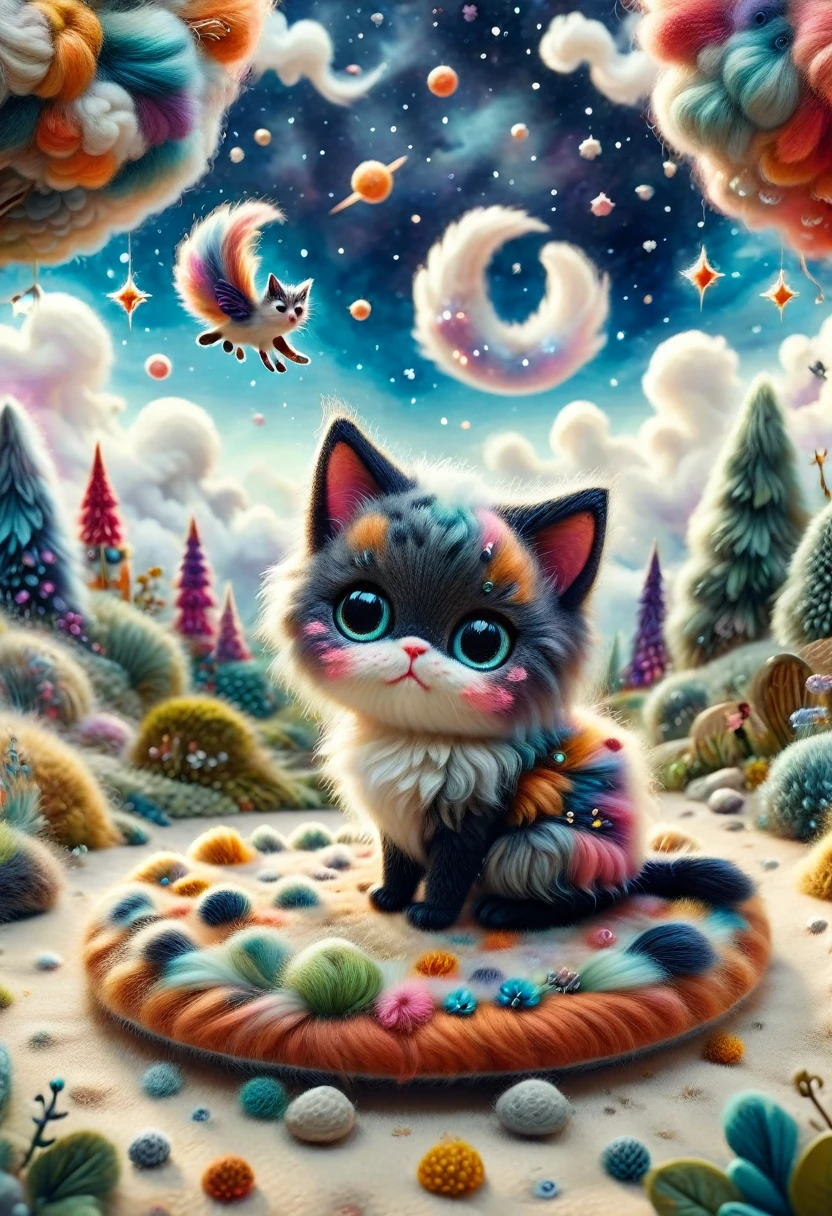 Needle felt art: 1.5, Wool felt art: 1.5, Kitten masterpiece, fairyland, floating kitten, fluffy clouds, furry cat, innocent and playful furry cat, dreamy space, intricate details, high detail, high quality, master piece,