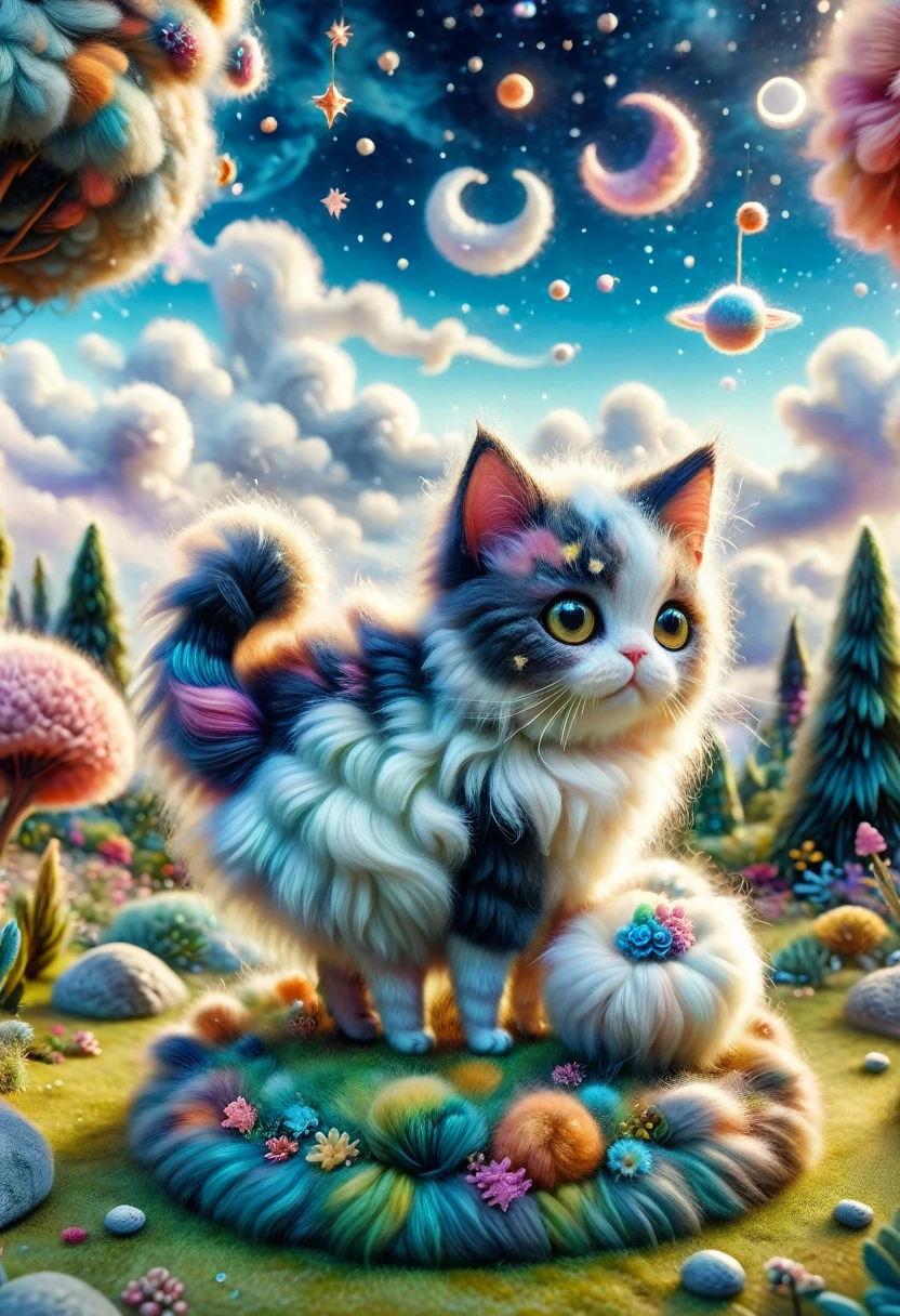 Needle felt art: 1.5, Wool felt art: 1.5, Kitten masterpiece, fairyland, floating kitten, fluffy clouds, furry cat, innocent and playful furry cat, dreamy space, intricate details, high detail, high quality, master piece,