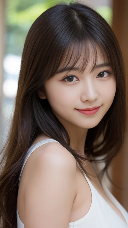  Highest quality、Confused、Very detailed、finely、High resolution、8k wallpaper、Perfect dynamic composition、Beautiful and beautiful eyes、Beautiful Nudes、Medium Hair、Big Breasts、Natural color lip、Bold sexy pose、smile、Cafe、Japanese、15-year-old girl、cute、sexy shot looking at camera、Always blur the background、Beautiful and elaborate face、Slim face and figure