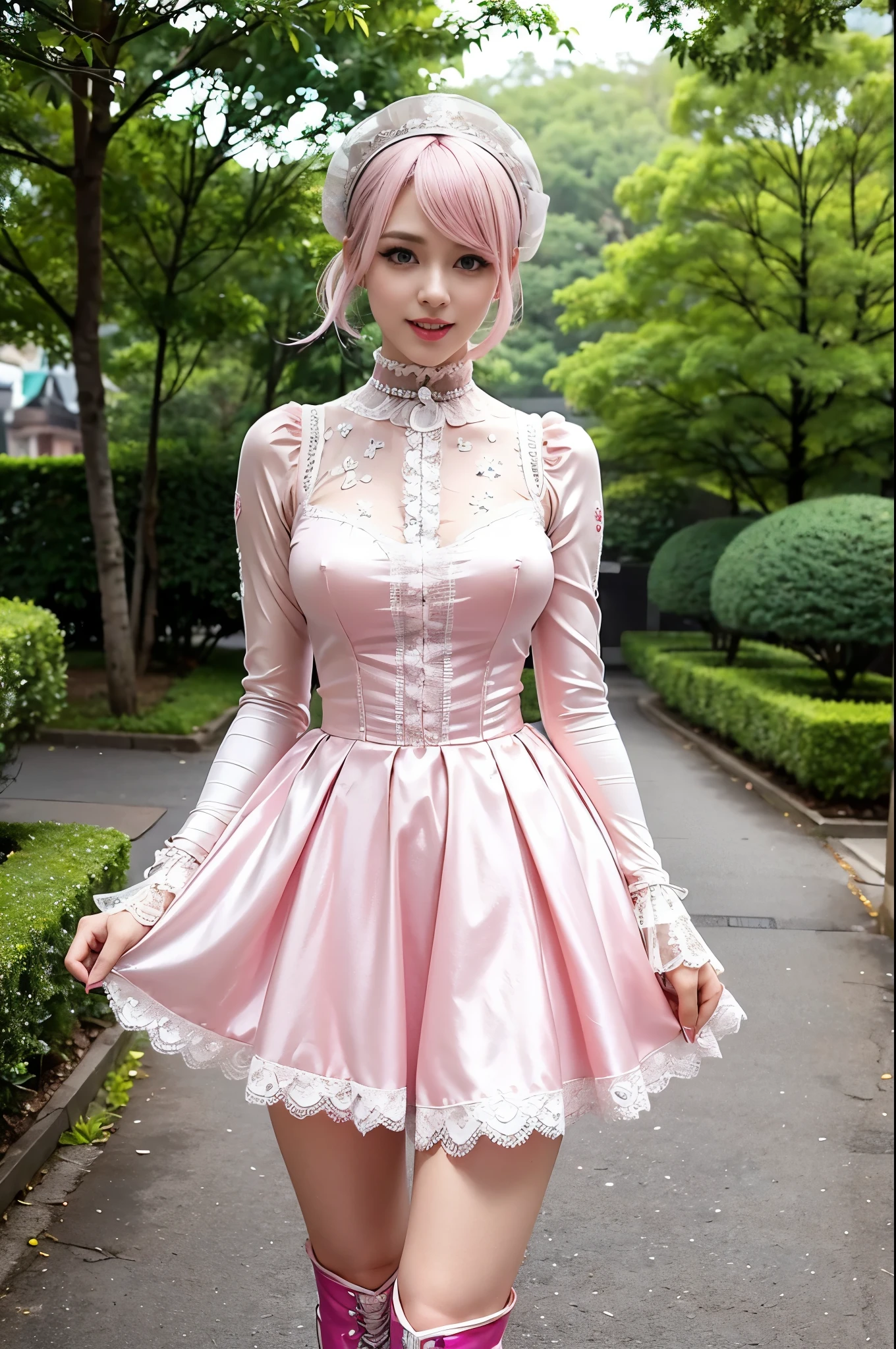 (nsfw), sexy stylish Swedish model, only 1 female, ((doll-like appearance)), short neon pink stylish hair, ((shiny Victorian-Style boots)), (big smile), ultra detailed eyes, vivid eye makeup, lip-gloss, long lashes, defined eyebrows, ((sexy Paradise Kiss cosplay)), bell-shaped skirt, petticoats, high neckline, puffed sleeves, ((ultra detailed lace)), ((ultra detailed embroidery)), intricate details, Paradise Kiss accessoires and matching headpiece, choker, ((large sparkling Paradise Kiss jewelry)), cinematic light, detailed large park background with trees