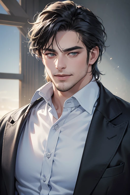 (best quality,4k,8k,highres,masterpiece:1.2),ultra-detailed,(realistic,photorealistic,photo-realistic:1.37),30 year old man,3 day beard,handsome anime,portraits,strong,masculine,dark hair,sharp jawline,mesmerizing eyes,perfectly styled hair,cool anime outfit,confident expression,vibrant colors,dynamic lighting, CEO and expression smile in love.