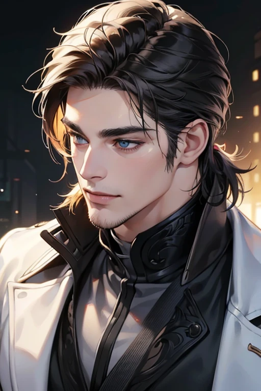 (best quality,4k,8k,highres,masterpiece:1.2),ultra-detailed,(realistic,photorealistic,photo-realistic:1.37),30 year old man,3 day beard,handsome anime,portraits,strong,masculine,dark hair,sharp jawline,mesmerizing eyes,perfectly styled hair,cool anime outfit,confident expression,vibrant colors,dynamic lighting, CEO and expression smile in love.