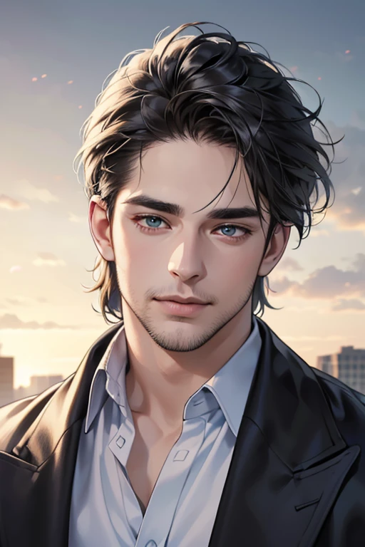 (best quality,4k,8k,highres,masterpiece:1.2),ultra-detailed,(realistic,photorealistic,photo-realistic:1.37),30 year old man,3 day beard,handsome anime,portraits,strong,masculine,dark hair,sharp jawline,mesmerizing eyes,perfectly styled hair,cool anime outfit,confident expression,vibrant colors,dynamic lighting, CEO and expression smile in love.