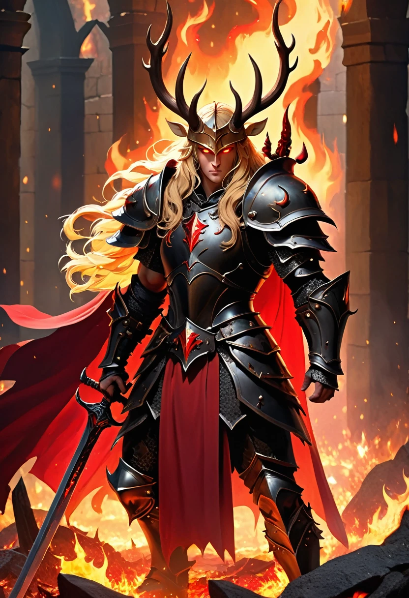 Masterpiece, exquisite and detailed, 8k, high resolution, merdieval fantasy, warrior, long blonde hair, light red eyes, muscular body, helmet with horns, black armor with red cape, carving of a red deer on the breastplate of the armor, standing with the flaming sword stuck on the ground, chaotic dungeon with blood scattered and fire