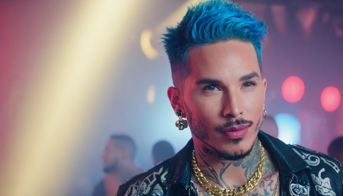 (1man), singer j balvin an eye contact, blue hair, (buzz cut hair,) beard wearing a necklace, (detailed body tattoo: 1.4), (detailed music club: 1.4), ((cinematic light)), (detailed faces: 1.4), highres, RAW photo 8k uhd, dslr, (bloom:1.1), (club with people dancing and enjoying the parties,) upbeat music playing in the background, vibrant and energetic atmosphere, vivid colors, happy face), (smoother lighting:1.05), (increase cinematic lighting quality:0.9), (zoolander face)