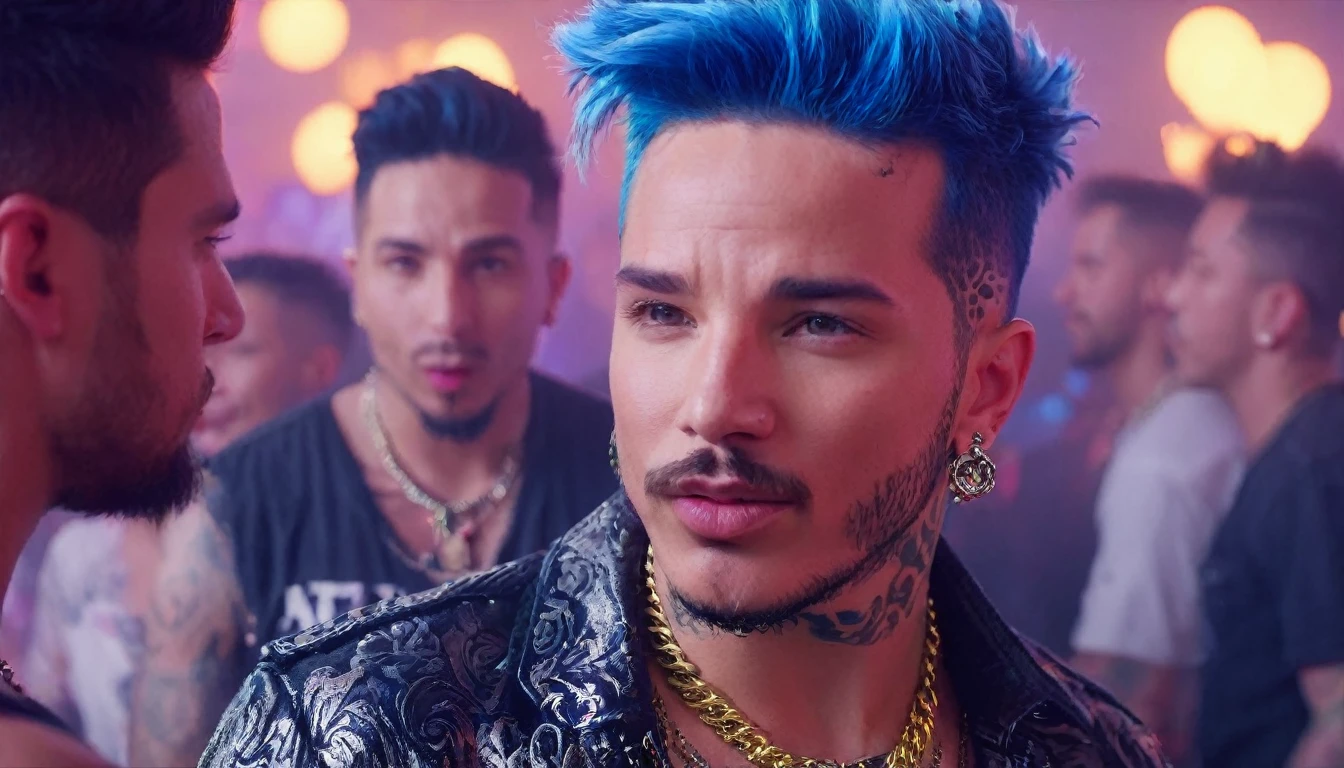 (1man), singer j balvin an eye contact, blue hair, (buzz cut hair,) beard wearing a necklace, (detailed body tattoo: 1.4), (detailed music club: 1.4), ((cinematic light)), (detailed faces: 1.4), highres, RAW photo 8k uhd, dslr, (bloom:1.1), (club with people dancing and enjoying the parties,) upbeat music playing in the background, vibrant and energetic atmosphere, vivid colors, happy face), (smoother lighting:1.05), (increase cinematic lighting quality:0.9), (zoolander face)